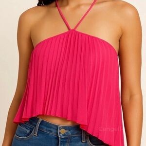 Luxxel Pink Asymmetrical Pleated Crop Halter Top Adjustable Straps M NWOT